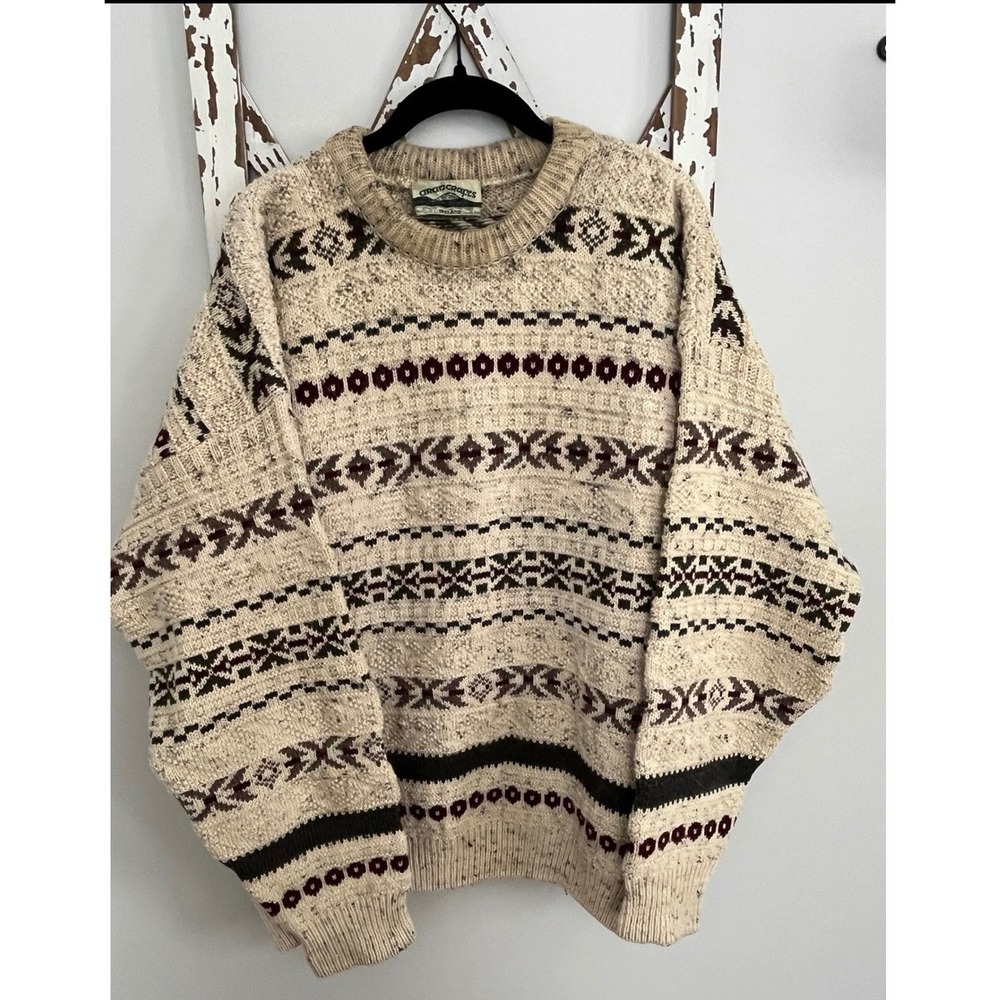 Aran Crafts Ireland Men's 100% Wool Cable Knit Sweater Ivory Fair Isle L/XL